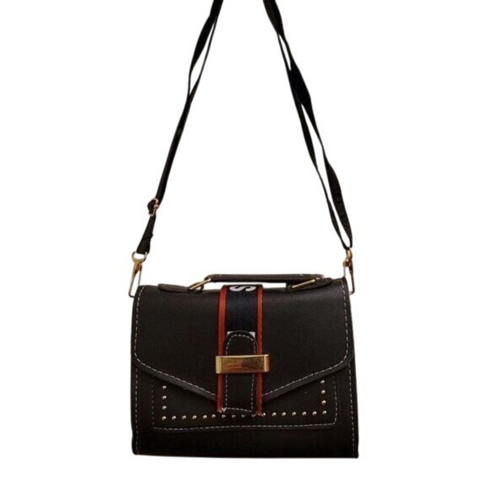 Black Faux Leather Crossbody Bag Studded Accent Stripe Detail Gold Hardware